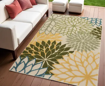 4' X 6' Ivory Green Blue And Yellow Floral Indoor Outdoor Area Rug