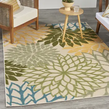 4' X 6' Ivory Green Blue And Yellow Floral Indoor Outdoor Area Rug