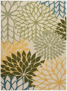 4' X 6' Ivory Green Blue And Yellow Floral Indoor Outdoor Area Rug