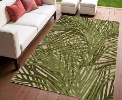 4' X 6' Ivory And Green Palm Leaf Indoor Outdoor Area Rug