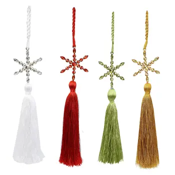 Set of Four Gold Green Red And White Handmade Snowflake With Tassel Ornaments