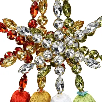 Set of Four Gold Green Red And White Handmade Snowflake With Tassel Ornaments