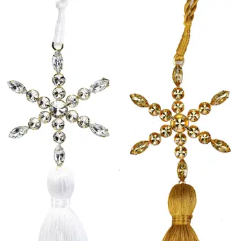 Set of Four Gold Green Red And White Handmade Snowflake With Tassel Ornaments