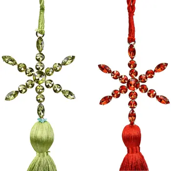 Set of Four Gold Green Red And White Handmade Snowflake With Tassel Ornaments