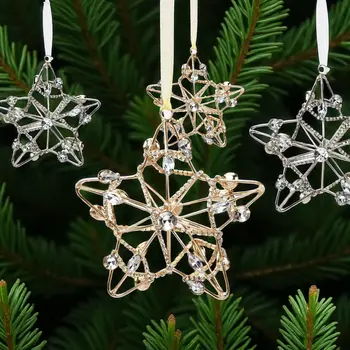 Set of Four Gold And Silver Handmade Faux Crystal And Metal Hanging Star Ornaments