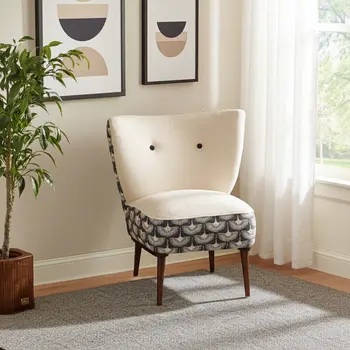 30" Cream Charcoal and Brown Geometric Tufted Wingback Chair