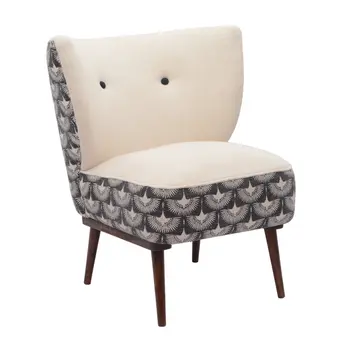 30" Cream Charcoal and Brown Geometric Tufted Wingback Chair