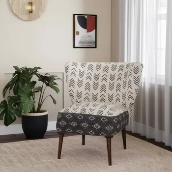 30" Charcoal Cream and Brown Geometric Wingback Chair