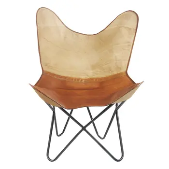 37" Brown Tan and Black Canvas And Leather Butterfly Chair