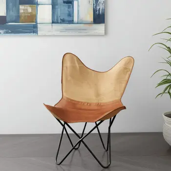 37" Brown Tan and Black Canvas And Leather Butterfly Chair