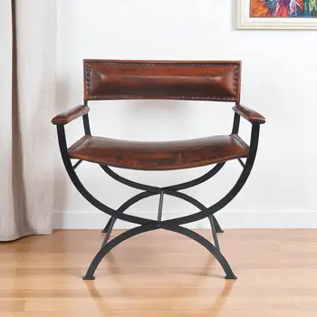 29" Brown and Black Metal And Genuine Leather Director's Chair