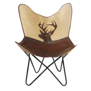 30" Brown And Tan Canvas And Leather Deer Stag Butterfly Chair
