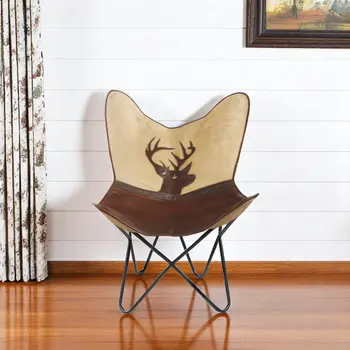 30" Brown And Tan Canvas And Leather Deer Stag Butterfly Chair