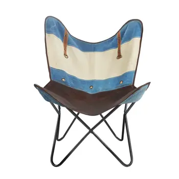 30" Blue and Brown Canvas And Genuine Leather Striped Butterfly Chair