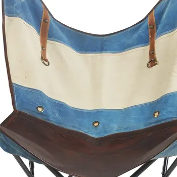30" Blue and Brown Canvas And Genuine Leather Striped Butterfly Chair