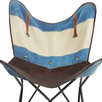 30" Blue and Brown Canvas And Genuine Leather Striped Butterfly Chair