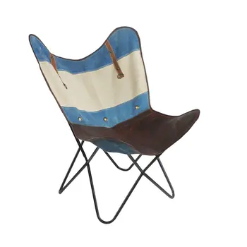 30" Blue and Brown Canvas And Genuine Leather Striped Butterfly Chair