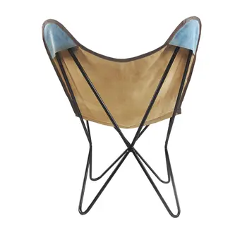 30" Blue and Brown Canvas And Genuine Leather Striped Butterfly Chair