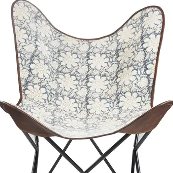 30" Blue And Cream Canvas Floral Butterfly Chair