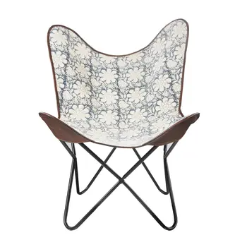 30" Blue And Cream Canvas Floral Butterfly Chair