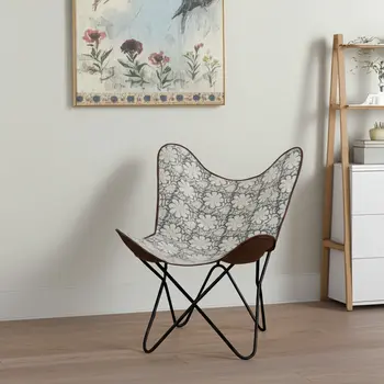 30" Blue And Cream Canvas Floral Butterfly Chair