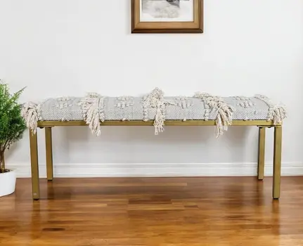 47" Gray Ivory and Gold Geometric Cotton Upholstered Bench