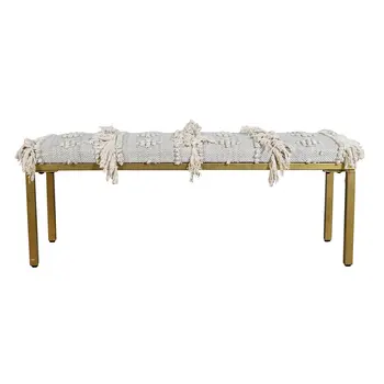 47" Gray Ivory and Gold Geometric Cotton Upholstered Bench