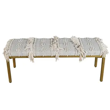 47" Gray Ivory and Gold Geometric Cotton Upholstered Bench