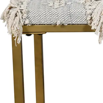 47" Gray Ivory and Gold Geometric Cotton Upholstered Bench
