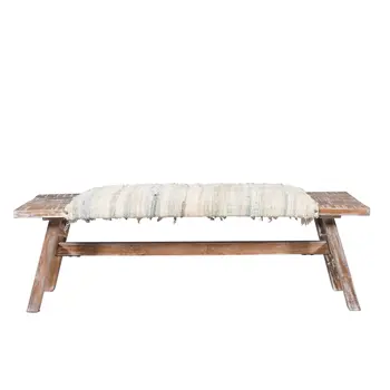 50" White and Brown Cotton Upholstered Striped Bench