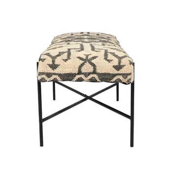 48" Cream and Black Cotton Blend Upholstered Southwest Bench