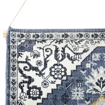 26" X 49" Blue And White Flower Floral Cotton Macrame Hanging Tapestry