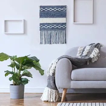 26" X 51" Denim Blue And White Geometric Cotton Macrame Hanging Tapestry