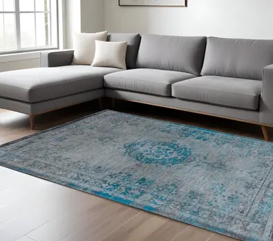 7' X 9' Gray and Green Medallion Non Skid Area Rug