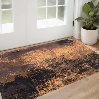 3' X 5' Yellow and Brown Abstract Non Skid Area Rug