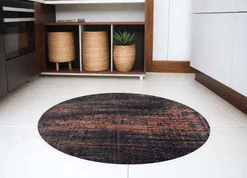 5' Black and Gold Round Abstract Non Skid Area Rug