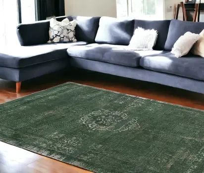 7' X 9' Gray and Green Medallion Non Skid Area Rug