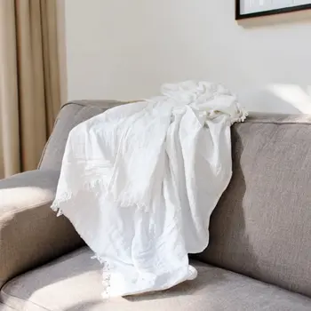 47" X 60" White Cotton Woven Turkish Towel Throw Blanket with Fringe