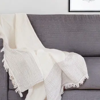 47" X 60" Beige and Ivory Cotton Woven Striped Throw Blanket with Fringe