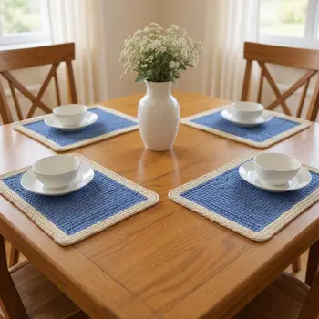 19" Set of Four Blue And Natural Solid With Border Cotton Placemats
