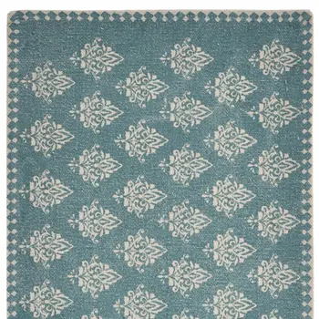 19" Set of Four Cream And Turquoise Damask Cotton Placemats
