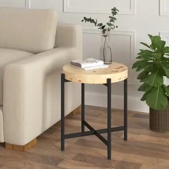 22" Black And Brown Wood And Metal Round End Table
