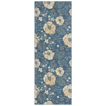 2' X 8' Blue White and Yellow Floral Stain Resistant Indoor Outdoor Runner Rug