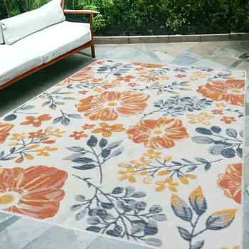 5' X 7' Ivory Orange and Blue Floral Stain Resistant Indoor Outdoor Area Rug