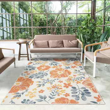 5' X 7' Ivory Orange and Blue Floral Stain Resistant Indoor Outdoor Area Rug