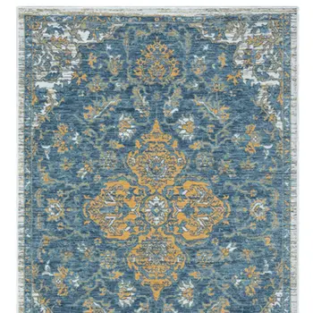 2' X 8' Blue and Ivory Medallion Stain Resistant Indoor Outdoor Runner Rug