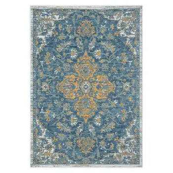 5' X 7' Blue and Ivory Medallion Stain Resistant Indoor Outdoor Area Rug