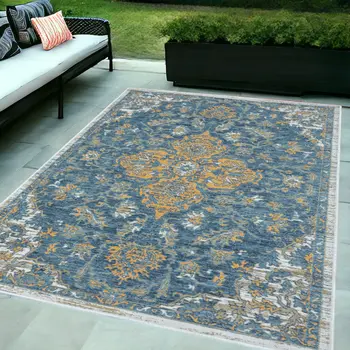 5' X 7' Blue and Ivory Medallion Stain Resistant Indoor Outdoor Area Rug