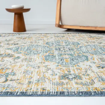 5' X 7' Blue and Ivory Medallion Stain Resistant Indoor Outdoor Area Rug