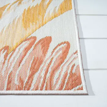 2' X 8' Ivory Green and Orange Palm Leaf Stain Resistant Indoor Outdoor Runner Rug